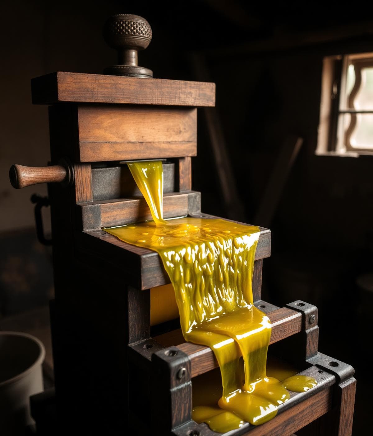 Wood pressed oil flowing from ghani